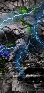 Abstract electric storm wallpaper with neon blue lightning and rocky textures.