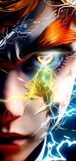 Anime face surrounded by electric lightning in vibrant colors.