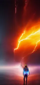 Futuristic scene with bright orange lightning striking a lone figure.