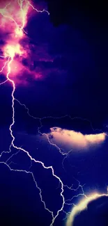 Vivid lightning bolts illuminate a dark blue sky with purple clouds.