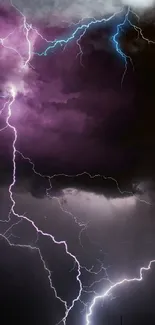 Dynamic lightning strikes across a dark purple sky, creating a dramatic storm scene.