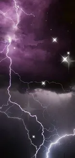 Purple lightning storm illuminating dark night sky.