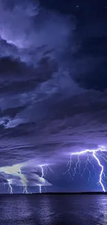 Vivid purple lightning storm over the ocean at night.