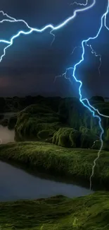 Lightning strikes over mossy rocks at night with vibrant blue hues.