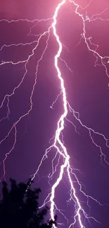 A vivid purple lightning bolt under a stormy sky with clouds on a phone wallpaper.