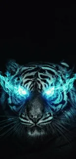 Tiger with glowing blue eyes on dark background mobile wallpaper.