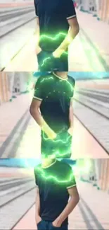 A figure with a green electric aura on train tracks.