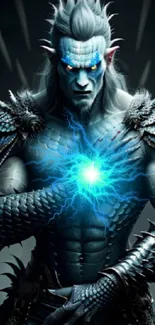 Fantasy warrior with electric blue energy in hand on dark background.