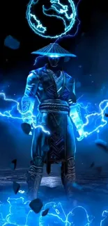 Mysterious warrior in electric blue lightning.