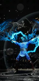 Warrior with electric blue energy in a striking action pose.