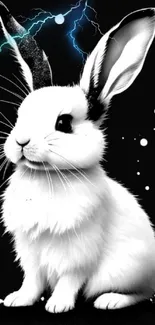 White rabbit with electric lightning on black background wallpaper.