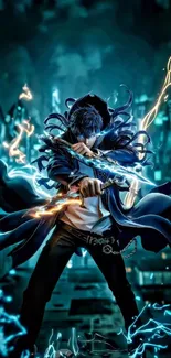 Anime wizard with electric powers in a dynamic pose.