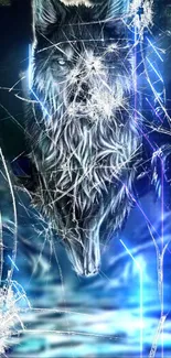 Electric-themed wolf with shattered glass on a dark blue background.