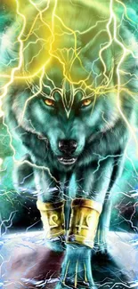 Electric wolf with lightning effects and cyan hues in a fantasy wallpaper design.