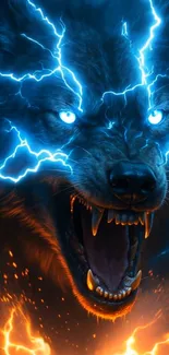 Fierce wolf with electric blue lightning and fiery energy.