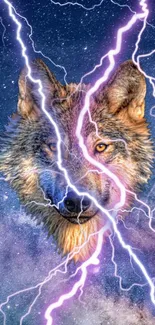 Wolf face amidst lightning and galaxy stars on a purple background.