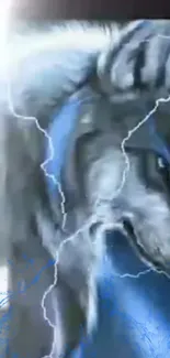 Fierce wolf with electric blue lightning on wallpaper.