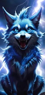 Electric blue wolf surrounded by lightning in fantasy wallpaper.