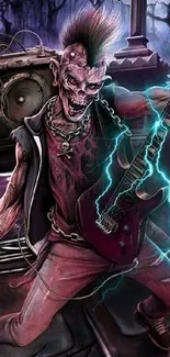 Zombie rockstar with guitar in a graveyard, electric effects.