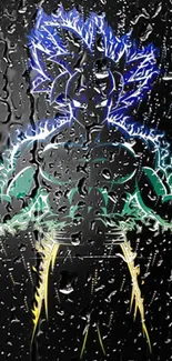 Anime silhouette with electric aura on a rainy background