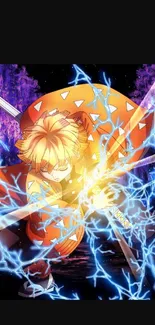 Anime warrior in orange with electric energy, vibrant and dynamic design.