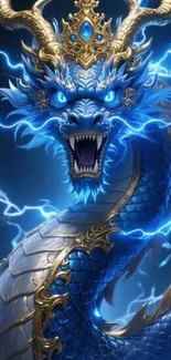 Blue dragon with lightning on a fantasy-themed wallpaper.