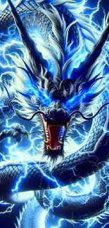 Electrifying blue dragon with lightning bolts, creating a dynamic fantasy wallpaper.