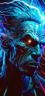 Electrifying blue portrait with dynamic lightning effects.