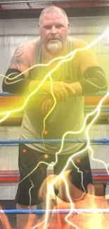 Boxer in ring with electrifying lightning and fire effects.