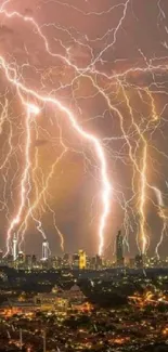 Intense lightning bolts over cityscape at night, illuminating the sky.