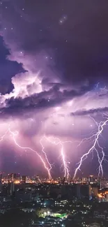 Purple lightning storm illuminating a city skyline at night.