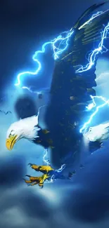 Eagle soaring through vibrant blue lightning.