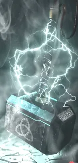 Electrifying mystical hammer with blue lightning on mobile wallpaper.