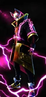 Heroic figure with purple lightning on dark wallpaper.