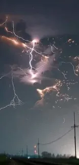 Dramatic lightning storm against a dark night sky, perfect for mobile wallpaper.