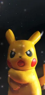 Pikachu in front of a dark background with lightning effect.