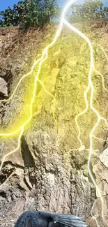 Dynamic lightning striking rocky cliff with vibrant energy and natural beauty.