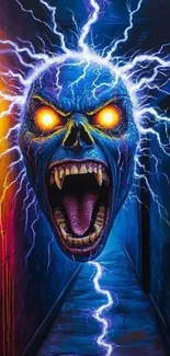 Electrifying skull with glowing eyes in a colorful alley setting.