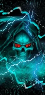 Electrifying neon blue skull with lightning effect wallpaper.