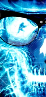 Electric blue skull with glasses in sci-fi theme wallpaper.