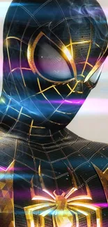 Superhero in black and gold suit with neon lights.