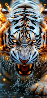 Electrifying tiger with lightning on a dark water background.