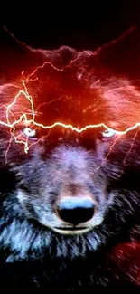 A powerful wolf with lightning eyes in a dark an electrifying scene.