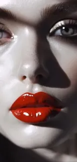 Close-up portrait with bold red lips and high contrast lighting.