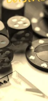 Sepia-toned casino wallpaper with poker chips, dice, and playing cards.