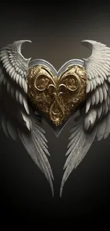 Ornate golden heart with majestic wings on dark background.