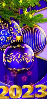 Elegant 2023 holiday wallpaper with purple and gold ornaments.