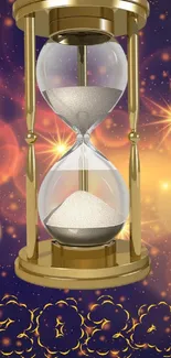 2024 golden hourglass with stars and bokeh on dark background.