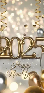 Happy New Year 2025 festive wallpaper with gold, silver balloons and decorations.