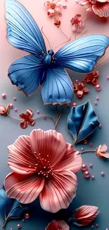 3D blue butterfly and pink flowers on mobile wallpaper.